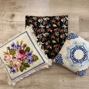 Vintage Needlepoint Tapestry Pillows - Set of 3